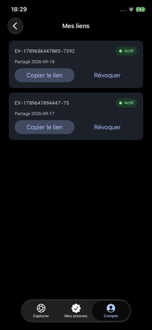 L’écran « Mes liens » de l’application : la liste des liens partagés, chacun avec son état, actif ou révoqué, et ses actions copier et révoquer.