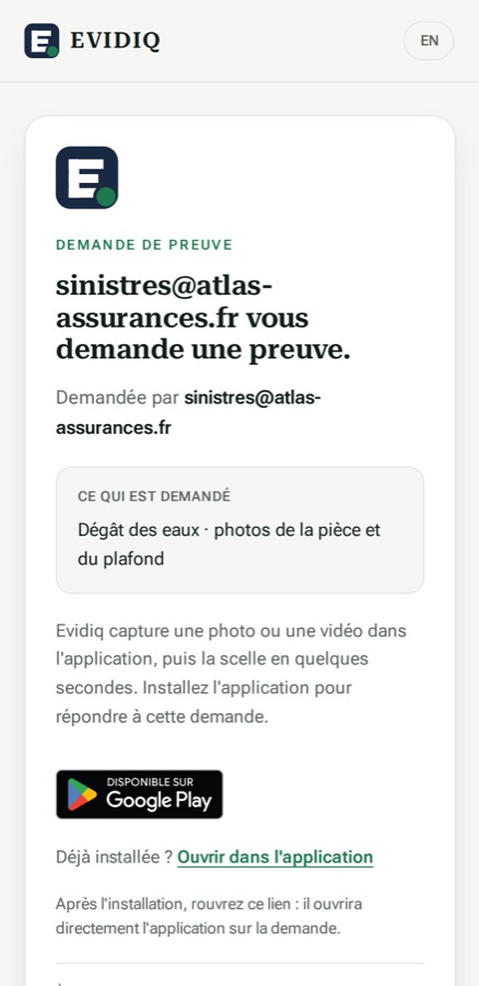 La page qu’ouvre le destinataire d’un lien : qui demande, ce qui est demandé, et comment répondre.